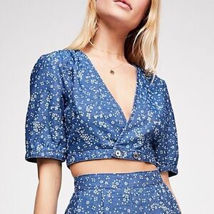 Free People Wild Hearts Denim Chambray Floral Crop Top Boho NWOT Size 2